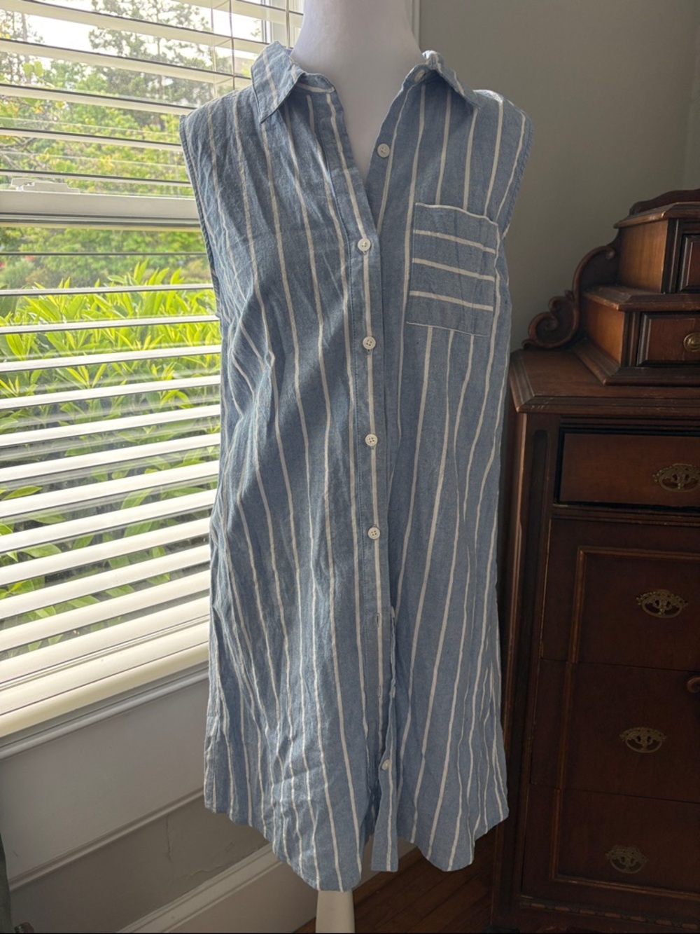ModCloth Blue and White Striped Sleeveless Button-Front Midi Dress